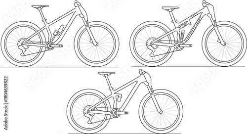 Electric mountain bike blueprint line vector set with multiple frame designs, detailed bicycle outlines for cycling engineering, technical drawing and e-bike concepts