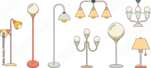 Flat vector collection of indoor and outdoor lamps, floor lamps, wall sconces, chandeliers and street lights for home decor and lighting design