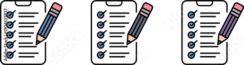 Flat vector checklist icons with clipboard and pencil, task list, to do list, survey form and planning symbols for productivity and workflow design