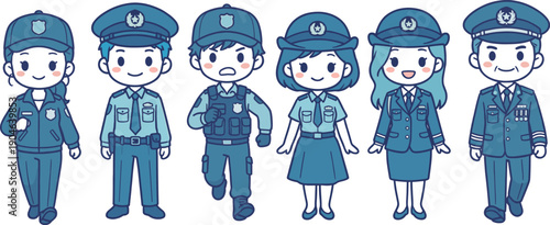 警察官チームのデフォルメキャラクターセット ポリス職業イラスト