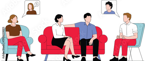 Flat vector illustration of a couples therapy session with therapists and family members in a counseling room, emotional support and communication for relationship health