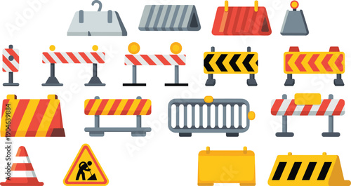 Flat vector collection of roadwork and traffic barricades, cones, warning signs, barriers, reflective panels and caution devices for construction site traffic control icons
