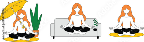 Flat vector illustration of woman practicing meditation and mindfulness at home and outdoors, yoga poses, calm lifestyle, relaxation and mental wellness concept
