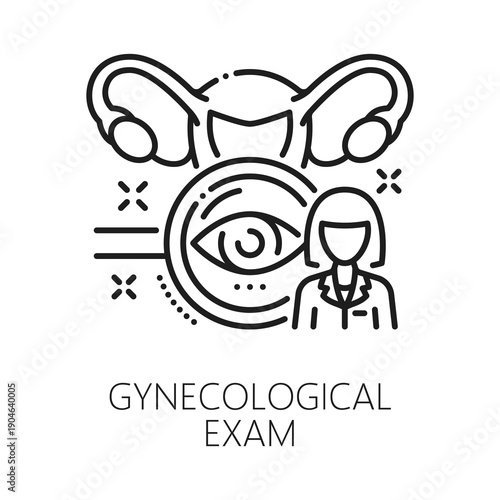 Gynecology examination, urinary medicine line icon. Gynecology and pregnancy symbol, woman reproductive health and fertility vector icon. Medicine pictogram with uterus, doctor or nurse character