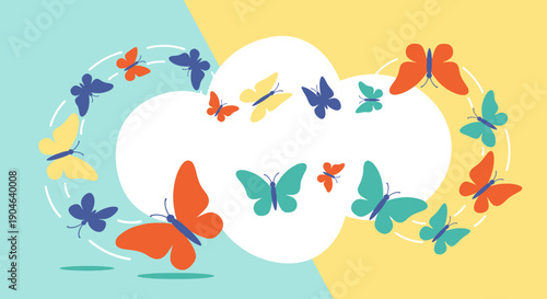 Colorful Butterflies Flying Around White Clouds.
