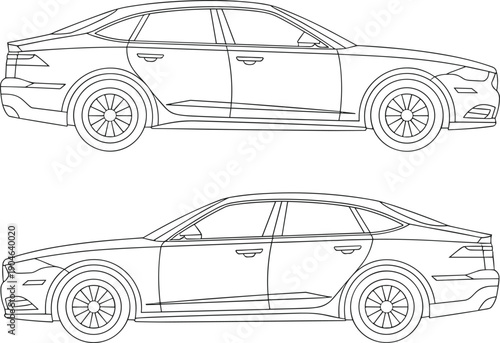 Modern sedan side view blueprint line vector set, detailed automobile outline for automotive design, engineering drawing and technical illustration