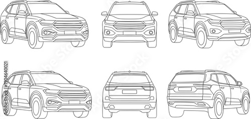 Modern SUV blueprint line vector set with front, rear and perspective views, detailed automobile outline for automotive design, engineering and technical illustration