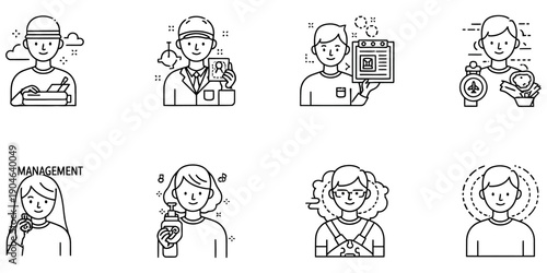 Black and White Line Art Illustrations of People in Various Professions and Emotions