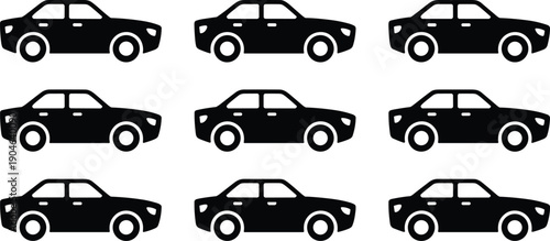Monochrome repeating flat vector pattern of compact sedan silhouettes, uniform car icons in rows, transportation symbols for parking, fleet, automotive and interface design