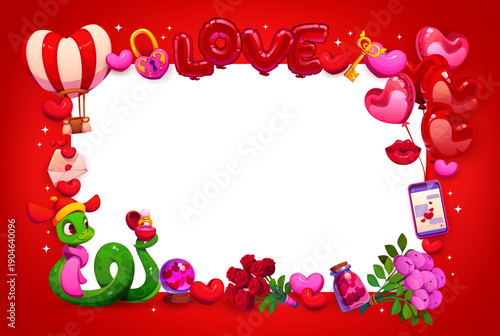Happy valentines day frame with cute cartoon green snake character proposing with a ring, roses, hearts, balloons, messages and romantic decorations. Vector template for love notes or festive messages