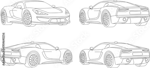 Sports car blueprint line vector with front and rear perspective views, detailed automobile outline for automotive design, engineering illustration and technical drawing
