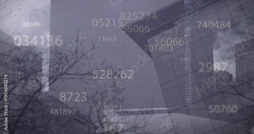 Animation of changing numbers over modern buildings against cloudy sky and sun