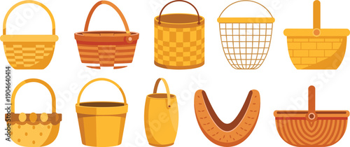 Wicker picnic basket collection set, woven shopping baskets in different shapes, flat vector illustration isolated on white
