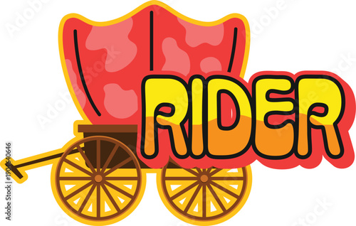 Western rider and Wild West Y2K groovy sticker or hippie tag. Western culture groovy vector patch, American cowboy label. Texas ranch and rodeo sticker with pilgrim wagon and golden typography