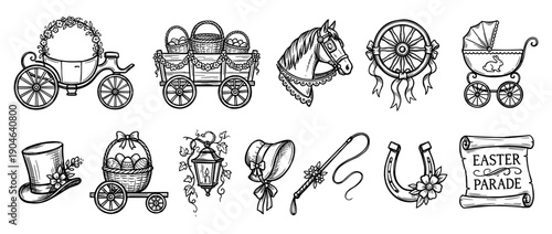 Set of vintage hand-drawn Easter parade illustrations featuring a carriage, horse, bonnet, and baskets with eggs in a classic black and white ink sketch style for holiday design