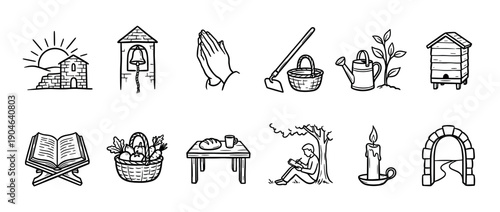 Hand-drawn black and white icon set representing a simple monastic lifestyle, prayer, and self-sufficiency with spiritual and rustic symbols like a bell, book, and candle