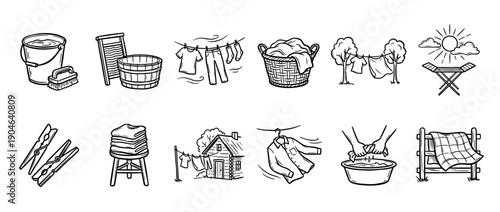 Set of hand-drawn laundry icons showing vintage washing methods like a washboard, basin, and clothesline for drying clothes outdoors in a black and white doodle style