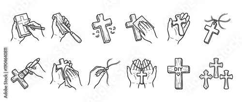 Hand drawn icon set showing the DIY process of making a wooden Christian cross from scratch, including carving, sanding, painting, and creating a necklace pendant