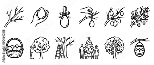 Hand drawn black and white icon set showing holiday traditions like decorating trees with Easter eggs and a family celebrating around a Christmas tree in a simple doodle style