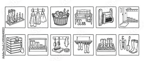 Collection of twelve black and white line art illustrations depicting mudroom essentials like wellington boots, racks, benches, and cleaning tools in a charming hand-drawn sketch style