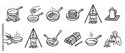 Hand-drawn black and white line art icons set depicting outdoor campfire cooking with breakfast food like eggs, bacon, and pancakes in a simple doodle sketch illustration style