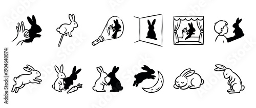 Set of black and white rabbit illustrations in a simple doodle style, featuring hand shadow puppets, bunny silhouettes, and cute cartoon characters in various poses