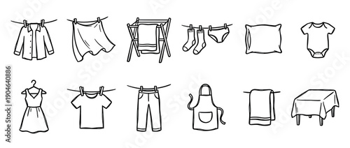 Hand-drawn laundry and clothing icon set featuring various household items like a shirt, dress, pants, and linens in a simple black and white doodle sketch style illustration