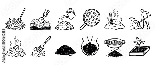 Hand-drawn composting process icons set showing organic waste decomposition, microorganisms, turning the pile, and using rich soil for gardening in a simple sketch style