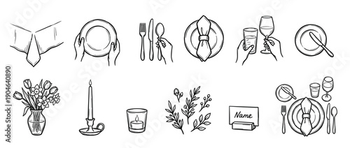 Hand-drawn set of table setting elements for dining etiquette, including plates, cutlery, napkins, glasses, candles, and flowers in a monochrome doodle illustration style