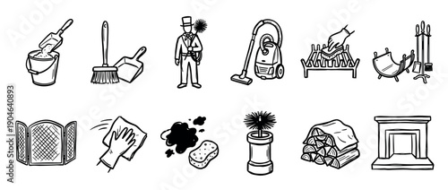 Set of hand-drawn chimney sweep icons featuring a fireplace, cleaning tools, firewood, and a sweeper character, all rendered in a simple black and white doodle illustration style