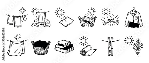 Hand-drawn laundry and sun drying icon set showing clothes on a clothesline, washing baskets, and folded towels in a simple black and white line art doodle style illustration