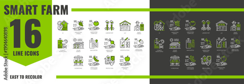 Robot smart farm technology line icons, agriculture industry. Vector signs of ai, harvesting crops, laboratory research, iot control and smart farmer. Climate monitoring, solar energy, and navigation