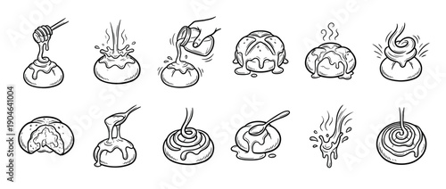 Hand-drawn black and white food icons featuring sweet buns and pastries being drizzled with honey, syrup, and delicious creamy toppings in a detailed sketch illustration style