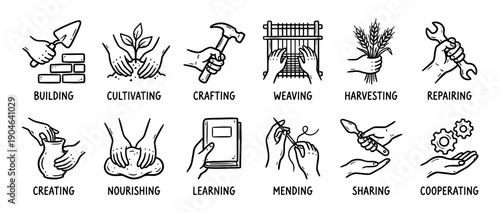 Set of twelve hand-drawn icons showing various community skills like building, crafting, cultivating, and cooperating in a simple black and white doodle style illustration