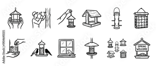 Set of hand-drawn bird feeder icons showing different types of feeders, birds eating, and people caring for wildlife in a simple black and white line art doodle style