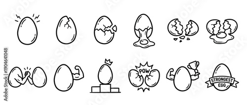 Hand-drawn egg character icons set showing strength and competition, from cracking and breaking to winning a trophy in a simple black and white doodle style