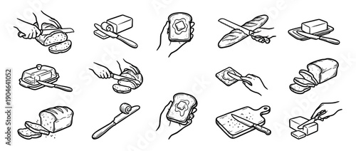 Hand-drawn bread and butter preparation icon set in a doodle style showing hands slicing a loaf, spreading on toast, and cutting a baguette for a simple breakfast meal