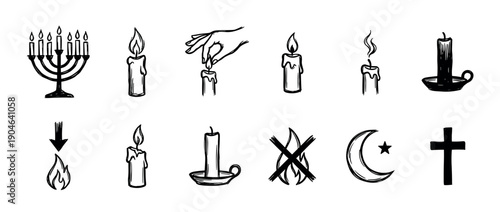 Hand-drawn icon set of religious symbols and candles including a menorah, cross, crescent, and various flames, rendered in a black ink doodle sketch style for spiritual concepts