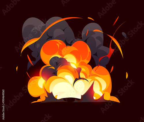 Cartoon bomb explosion and magic boom effect, red fire cloud. Vector fireball with bright flame and smoke, glowing orange and yellow blast, vfx burst for magic fight, fantasy game and comic attack