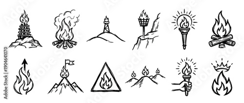 Set of hand-drawn fire and beacon icons in a black and white sketch style, featuring various campfires, torches, signal fires, and symbolic flames for creative projects
