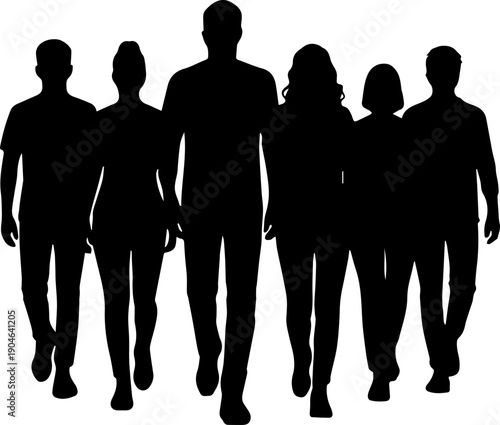 Black silhouette of a group of six people walking forward team concept vector graphic