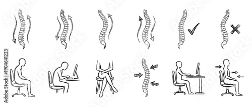 Set of hand-drawn infographic elements illustrating correct and incorrect spine alignment and sitting posture, showing ergonomic positions for preventing back pain and office syndrome