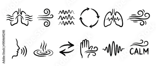 Collection of black hand-drawn icons for breathing exercises and mindfulness, featuring grunge brush stroke symbols like lungs, air flow, and calm lettering for wellness concepts