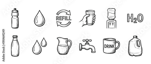 Set of hand-drawn water icons representing hydration, including a bottle, glass, cooler, tap, and refill symbol in a simple black and white sketch style illustration