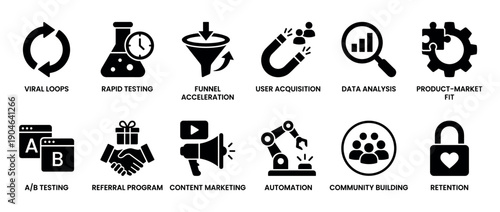 Collection of black glyph icons representing growth hacking and marketing concepts like viral loops, user acquisition, data analysis, A/B testing, automation, and customer retention