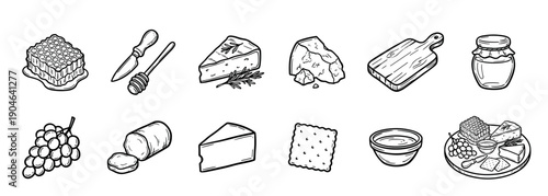 Collection of black and white cheese platter ingredients, including various cheeses, honey, grapes, and crackers, drawn in a simple and clean line art doodle illustration style