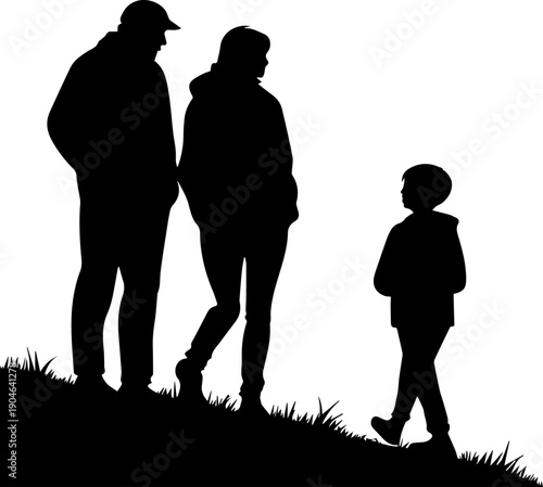 Family Silhouette Walking on Grassy Hill Parents and Child Outdoor Vector Graphic