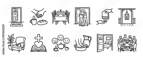 Set of hand-drawn line art icons representing Christian hospitality, fellowship, and community with symbols of welcome, service, and sharing food in a simple doodle style