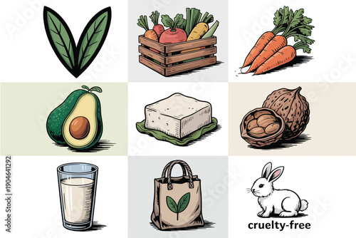 organic food and cruelty free lifestyle icons with plant based products and groceries