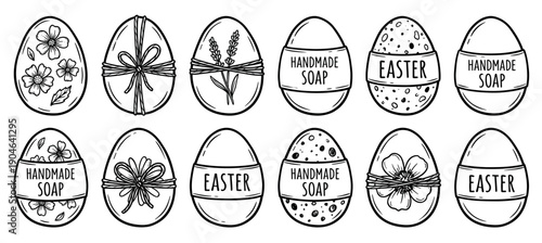 Collection of hand-drawn egg-shaped designs for Easter and handmade soap, featuring floral patterns, bows, and lavender in a black and white line art illustration style